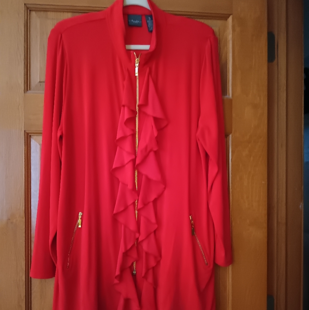 Chico's Red Ruffle Cardigan with Gold Zipper